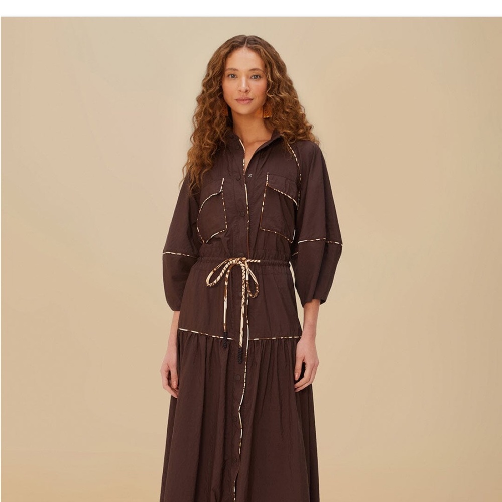 FARM Rio Brown Maxi Sundress with Notched Collar and Bishop Sleeves
